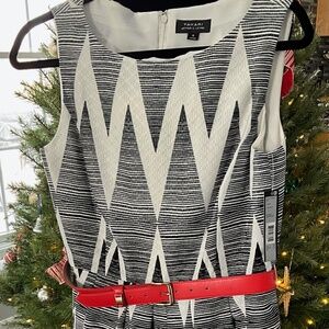 Tahari Fit & Flare Dress – Geometric Print w/ Red Hem & Belt – Size 10